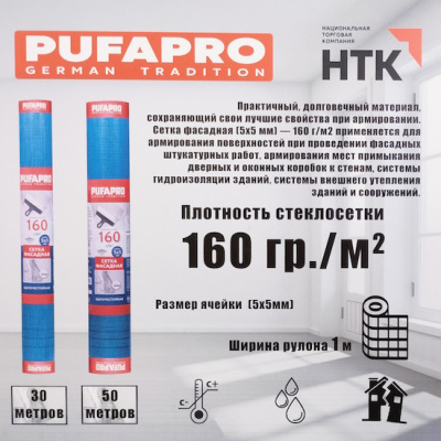 Сетка стеклотканевая фасадная, плотность 160 гр/кв.м., ячейка 5х5, 50 м., синяя