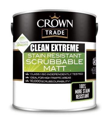 Краска CROWN TRADE Clean Extreme Stain Resistant Scrubbable Matt Bril. White (матовая водоэмульсионная, для стен и потолка, износостойкая, моющаяся)