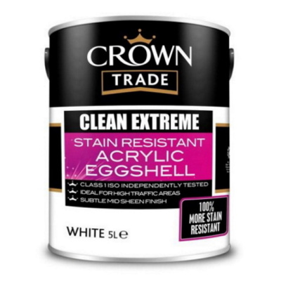 Краска CROWN TRADE Clean Extreme Stain Resistant Acrylic Eggshell Bril. White (полуматовая водоэмульсионная, для стен и потолка, износостойкая, моющаяся, белая)