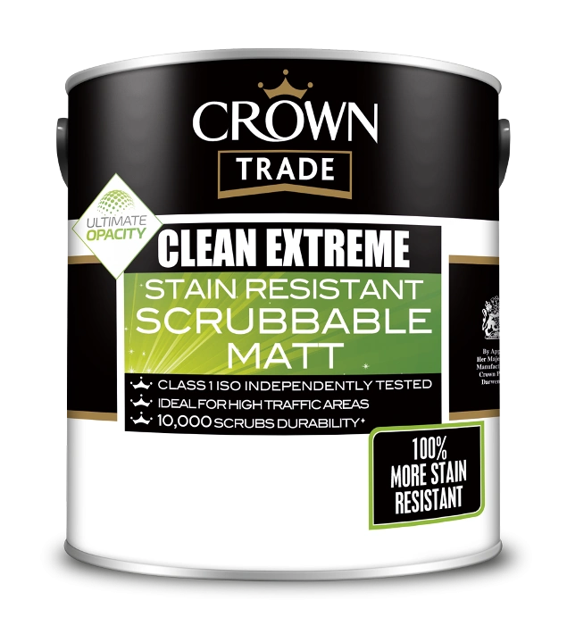 Краска CROWN TRADE Clean Extreme Stain Resistant Scrubbable Matt (матовая водоэмульсионная, для стен и потолка, износостойкая, моющаяся)
